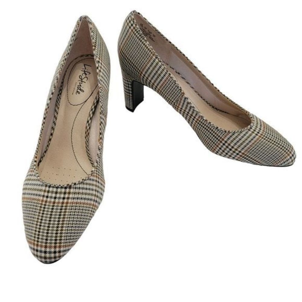 Life Stride Gigi womens Plaid pumps 3 in block heels brown black round toe sz 10